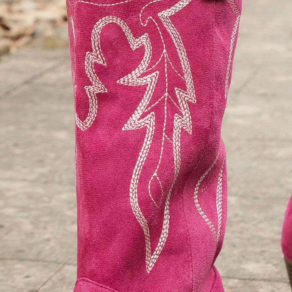 Hot Pink Western Women's Wedge Heel Embroidered Metallic Sequin High Boots